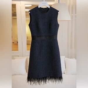 BNWT AmandaX Women Navy Tweed Dress with ostrich feather trim size L